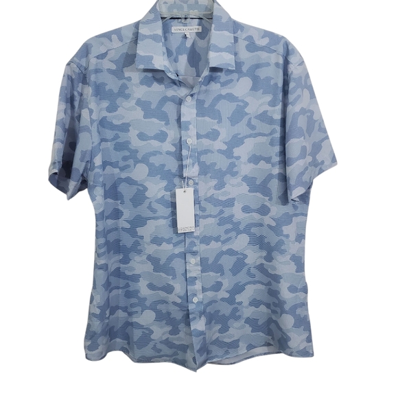 Vince Camuto Men's Performance Short Sleeve Button Up Shirt Blue Camo NWT Large - Picture 1 of 9